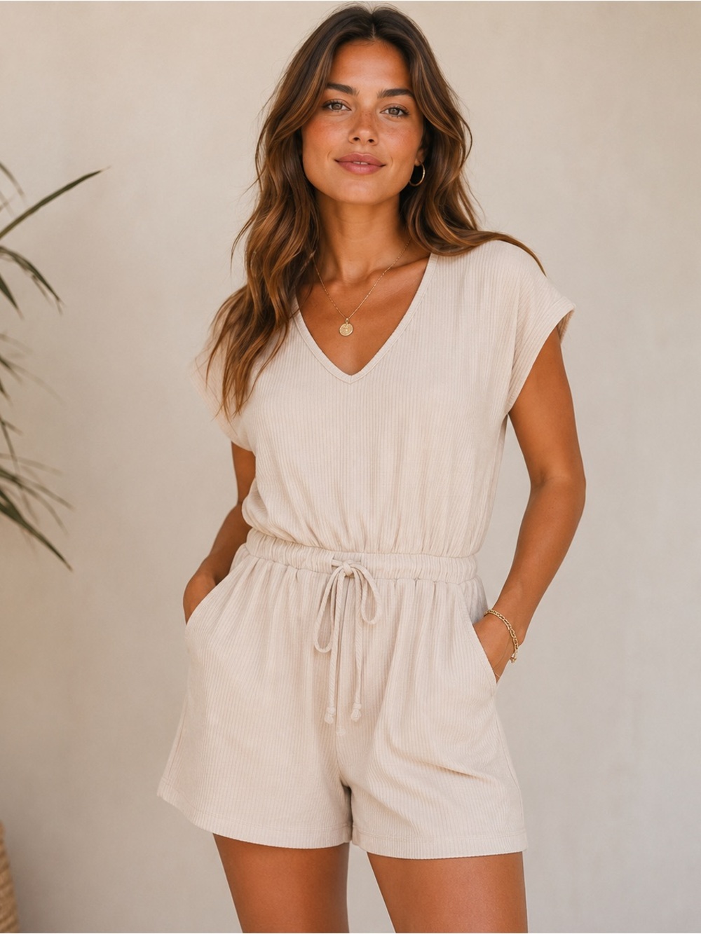 VICI Tan Ribbed Knit Romper | Size Small | Casual Beach Boho Lounge One Piece